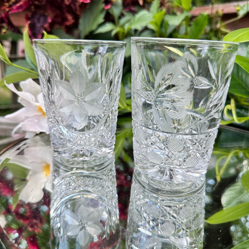 Pair Antique American Brilliant Period Cut Glass Tumblers Flower Design